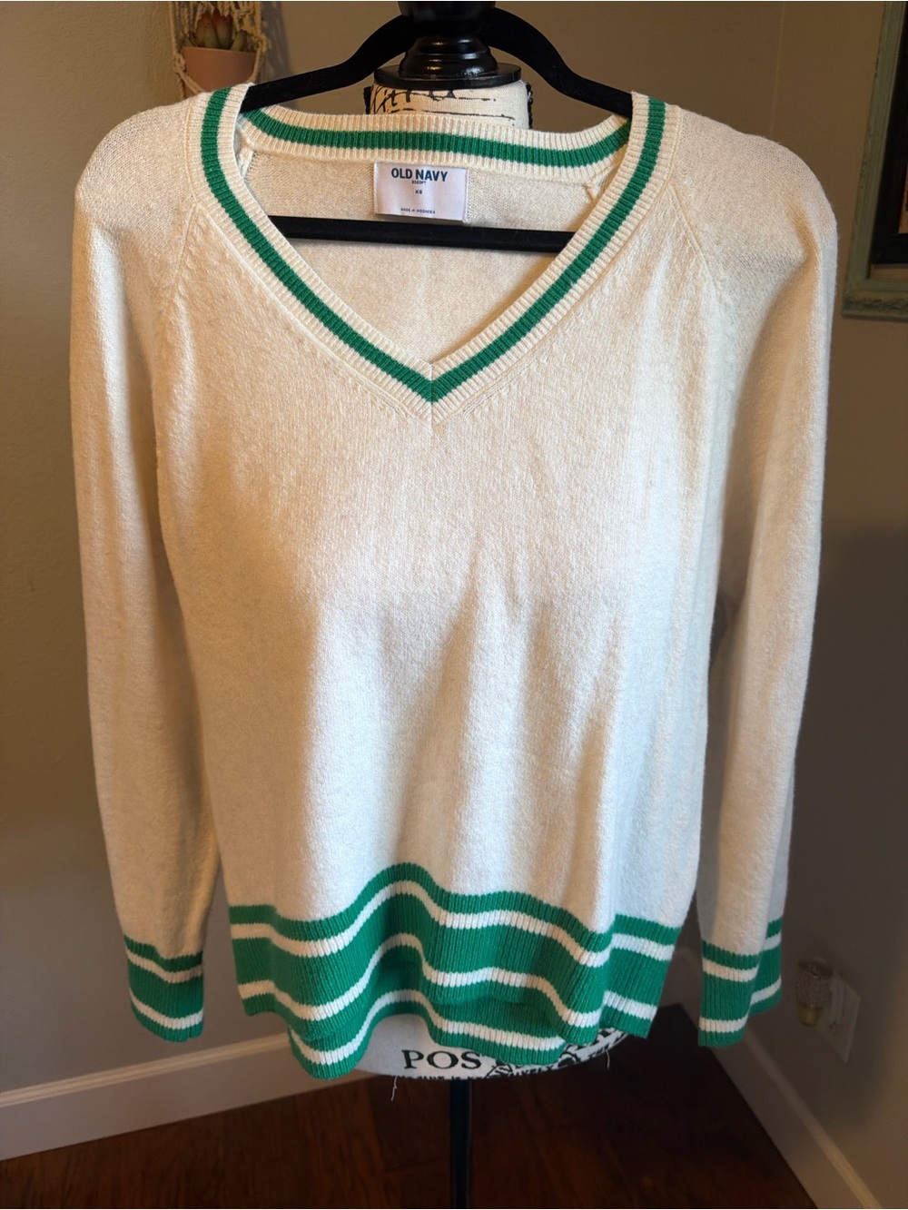 Old Navy Cream V-Neck Sweater with Green Stripe Trim